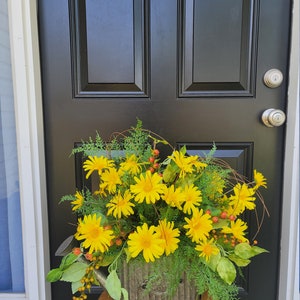 Yellow Daisy Watering Can Arrangement, Watering Can Wall Decor, Yellow Daisy Floral Arrangement, Entryway Decor, Summer Floral Arrangement image 7