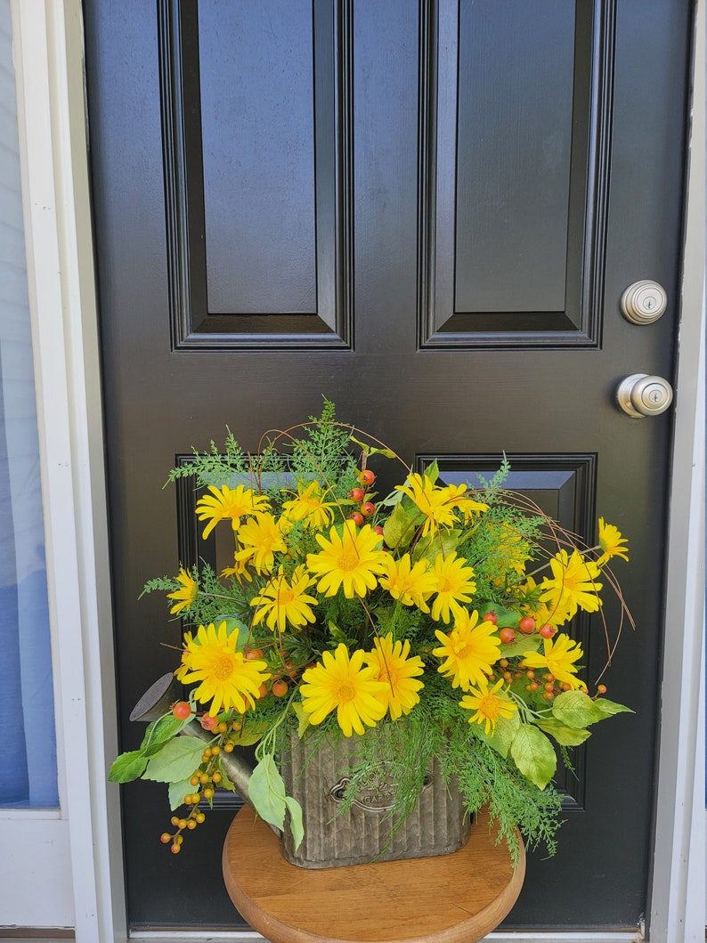 Yellow Daisy Watering Can Arrangement, Watering Can Wall Decor, Yellow Daisy Floral Arrangement, Entryway Decor, Summer Floral Arrangement image 7