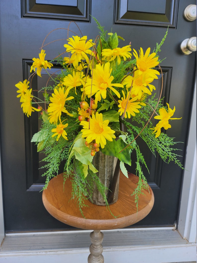 Yellow Daisy Watering Can Arrangement, Watering Can Wall Decor, Yellow Daisy Floral Arrangement, Entryway Decor, Summer Floral Arrangement image 5
