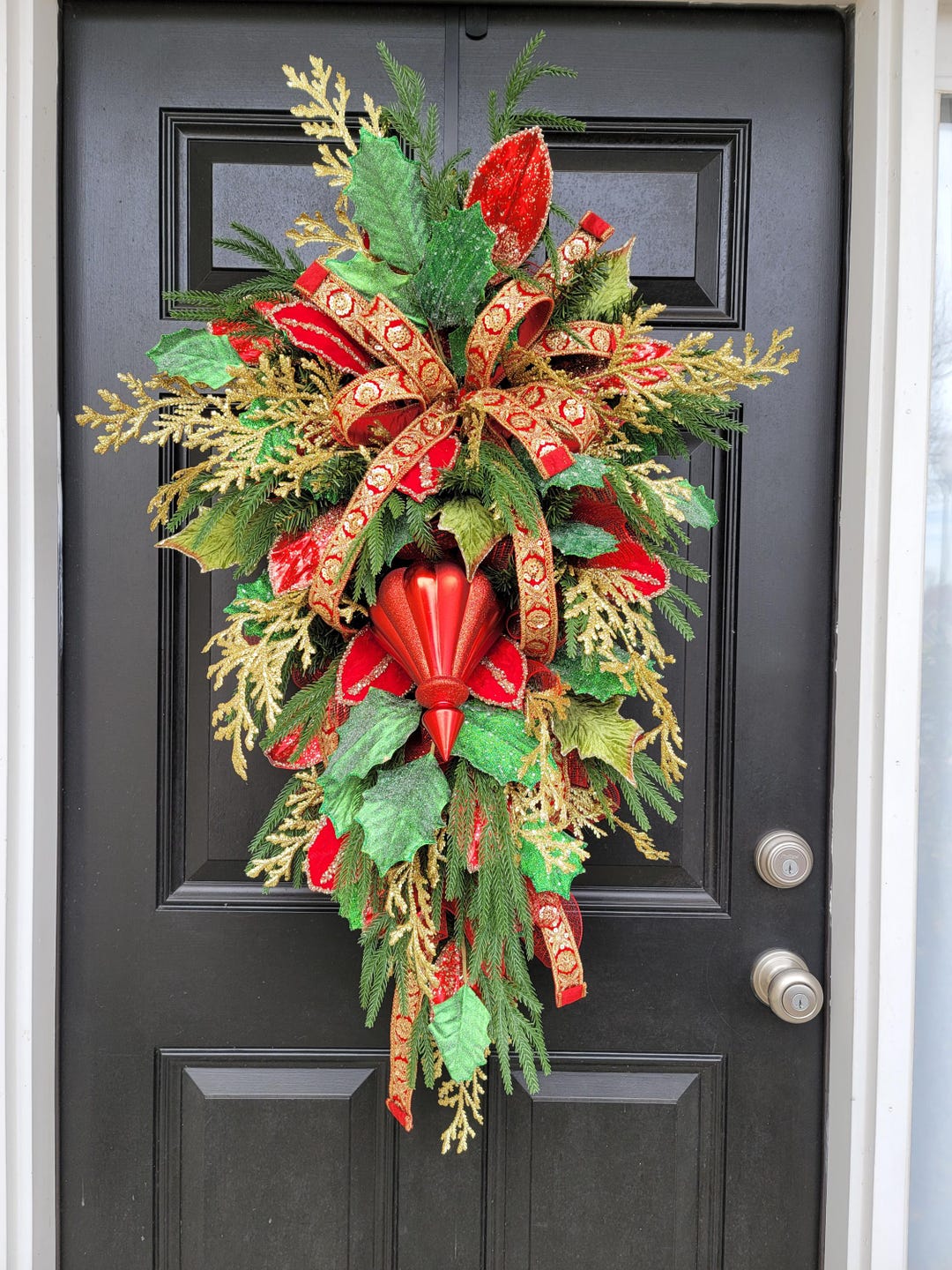 Elegant Red Green Gold Christmas Ornament Wreath Swag, Holiday Glam ...