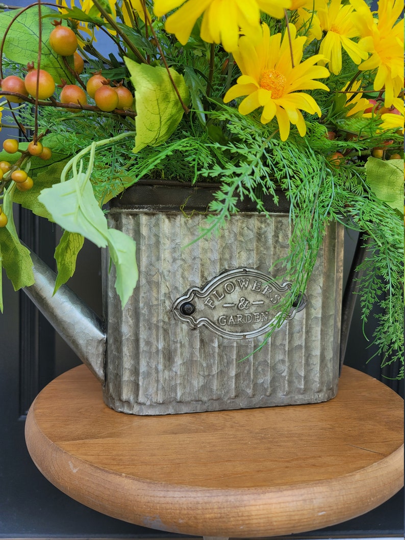 Yellow Daisy Watering Can Arrangement, Watering Can Wall Decor, Yellow Daisy Floral Arrangement, Entryway Decor, Summer Floral Arrangement image 6