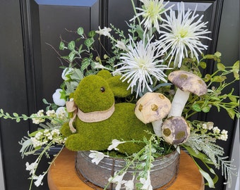 Rustic Farmhouse Bunny Arrangement, Springtime Easter Arrangement, Summer Metal Planter Arrangement, Neutral Green Decor Bunny Centerpiece