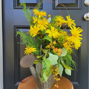 Yellow Daisy Watering Can Arrangement, Watering Can Wall Decor, Yellow Daisy Floral Arrangement, Entryway Decor, Summer Floral Arrangement image 3