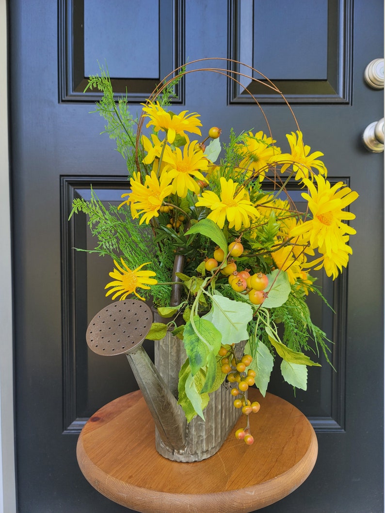 Yellow Daisy Watering Can Arrangement, Watering Can Wall Decor, Yellow Daisy Floral Arrangement, Entryway Decor, Summer Floral Arrangement image 3