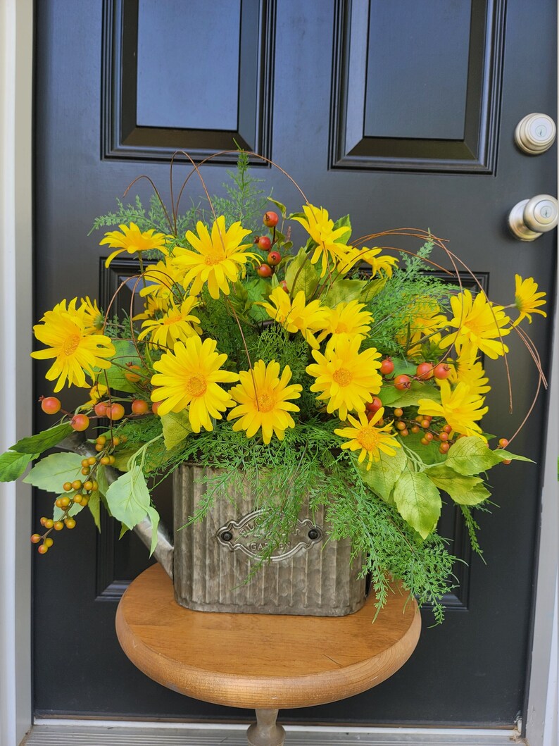 Yellow Daisy Watering Can Arrangement, Watering Can Wall Decor, Yellow Daisy Floral Arrangement, Entryway Decor, Summer Floral Arrangement image 1