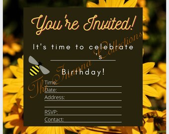You're Invited Birthday Party Invite Yellow and Black Bee Flower digital download Optional Personalisation