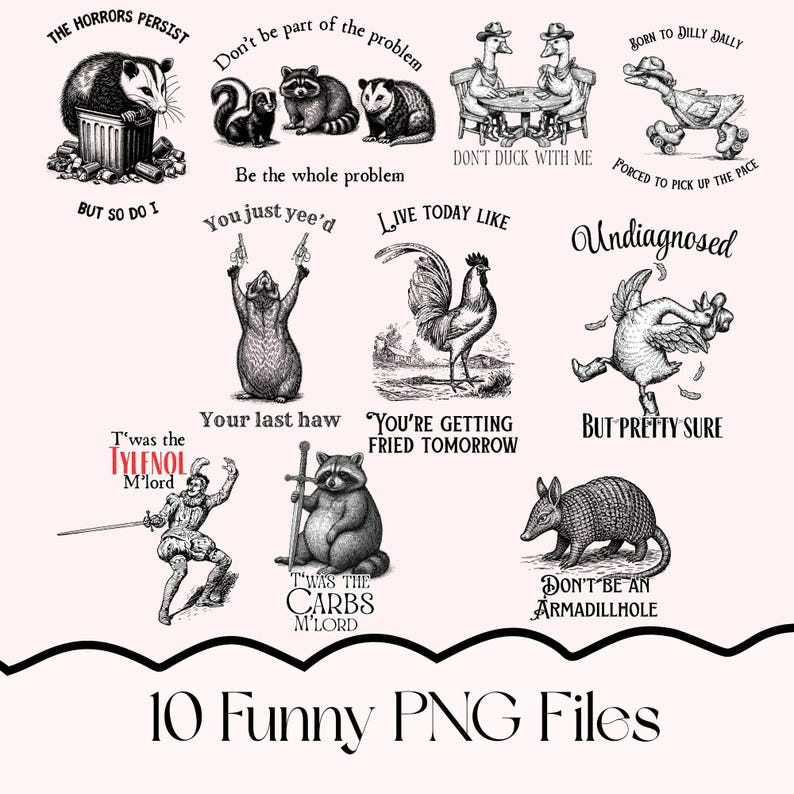 Rooster And Racoons Funny Animal PNG Bundle, Vintage Sketch Animals, Raccoon Possum Goose ...
