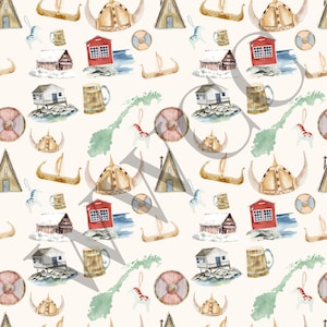 Puede incluir: Patrón repetitivo con ilustraciones en acuarela de cascos vikingos, barcos largos, escudos, jarras de madera, casas rojas y el mapa de Noruega sobre un fondo crema. El diseño tiene un tema escandinavo.