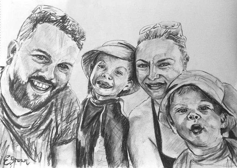 Custom Portrait, Charcoal or Pencil Drawing, Families, children, pets, couples, individuals, weddings original various sizes available image 4