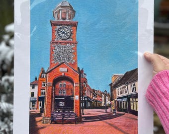 Torre del Reloj de Chesham, de E. Brown. Impresión artística Giclée, lámina física, decoración de pared. Fotografía de una pintura al óleo, sin marco.