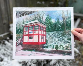 Caseta de señales de Chesham nevada, de E Brown. Impresión artística giclée, estación de metro, lámina física, decoración de pared. Fotografía de pintura al óleo, sin marco.