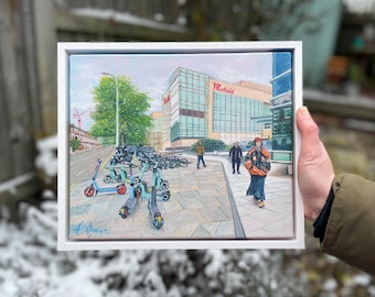 Scooters en Westfield, Shepherds Bush, Londres por Emily Brown, impresión artística, descarga digital, arte de pared imprimible, foto de pintura, sin marco.