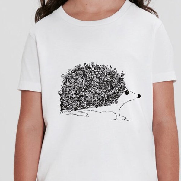 T-shirt hérisson pour enfants (3-4, 5-6 ans) | Coton biologique Sustainable White | Art original dessiné à la main | Lune | Schémas d’inactivité | Gribouiller