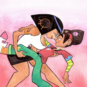 May include: A watercolor illustration of two people dancing. The person on the left is wearing a white tank top, black shorts, and sandals. The person on the right is wearing a red shirt, green pants, and white sneakers. The background is a pink gradient.