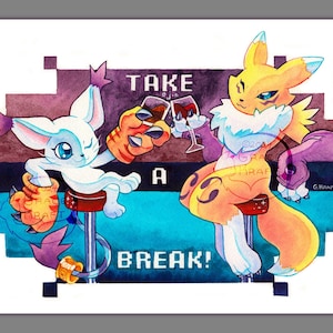 May include: Two cartoon characters, one white and one yellow, are sitting on bar stools and holding glasses of wine. The text "TAKE A BREAK!" is in pixelated font above them.