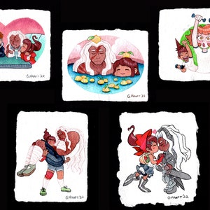 May include: Five watercolor illustrations of couples in various poses. The first shows a couple sitting at a table with a third person standing behind them. The second shows a couple in a pool of water with lemons. The third shows a couple exercising with weights. The fourth shows a couple with one person carrying the other. The fifth shows a couple kissing.