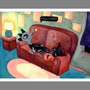 May include: A watercolour illustration of two cartoon characters, a grey wolf-like creature and a black cat, sitting on a red sofa. The wolf is wearing a black shirt with a white cross on it and the cat is wearing a red shirt. The wolf is saying "It's gonna be okay" in a speech bubble. The illustration is set in a living room with a lamp and a rug.