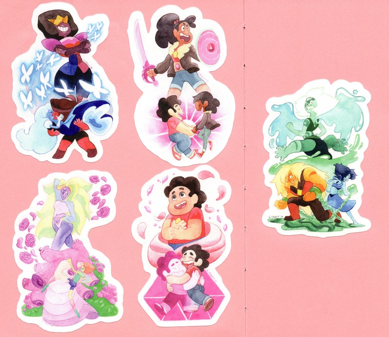 May include: Six colorful stickers featuring characters from the animated television series Steven Universe. The stickers feature Garnet, Pearl, Amethyst, Steven, Connie, Peridot, Lapis Lazuli, and Yellow Diamond.