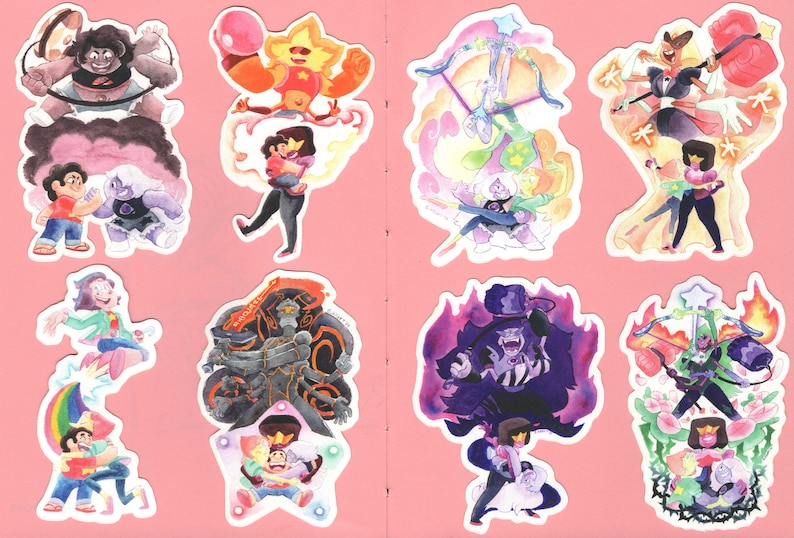 May include: A set of eight stickers featuring characters from the animated television series Steven Universe. The stickers are printed on white paper with a pink background. The characters are depicted in various poses and expressions, including Steven, Garnet, Amethyst, Pearl, Peridot, Lapis Lazuli, and Connie.