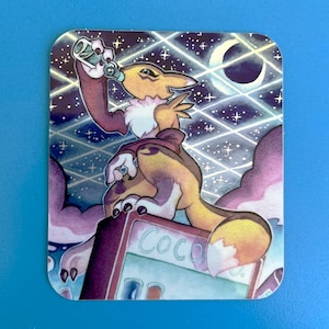May include: A cartoon fox character with yellow fur, wearing a red shirt, stands on a pink and purple cloud with a blue and white starry background. The fox is holding a blue bottle and drinking from it. The fox is standing on a vending machine with the word "Coco" visible.