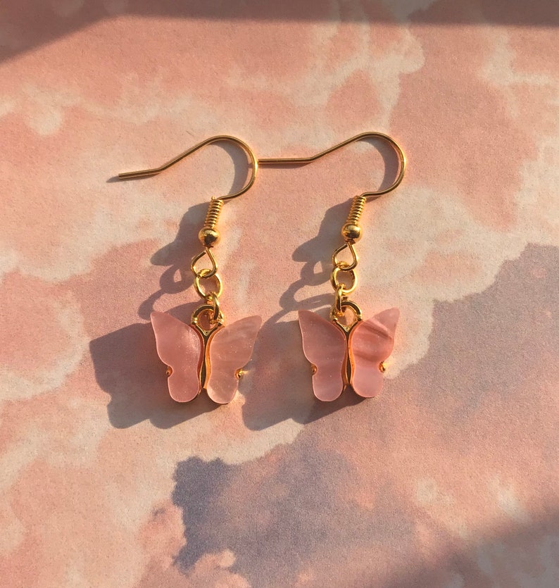 Pink butterfly dangle earrings cute earrings kawaii funky Etsy