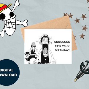 Carte d'anniversaire de l'équipage des pirates de paille | Carte postale numérique fan art d'anime | Cadeau imprimable pour Nakama : capitaine, tireur d'élite et docteur des rennes