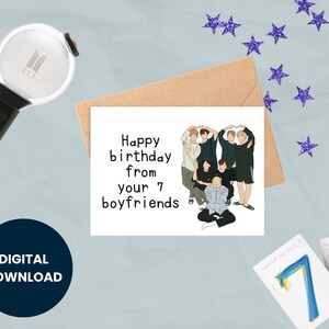 Cartão postal de aniversário do BTS | Download digital para presente imprimível do ARMY | OT7 Jungkook V Jimin RM Suga J-Hope Jin, arte estética das letras, correspondência de fãs
