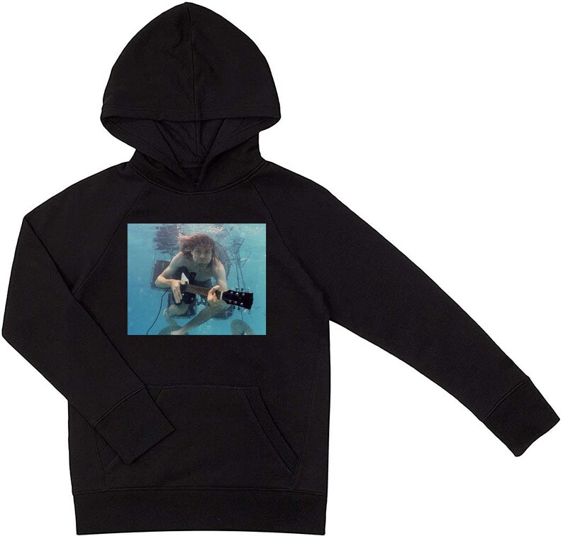 May include: Black hooded sweatshirt with a graphic print of a person playing a guitar underwater.