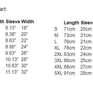 May include: Sizing chart for clothing with measurements in inches and centimetres. The chart shows the length, sleeve length, and width for sizes S through 5XL.