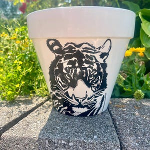 Majestic Black and White Tiger Hand Painted Flower Pot