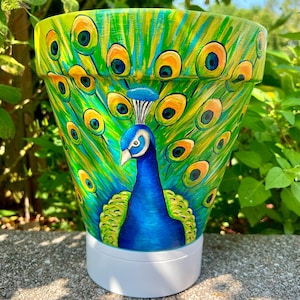 Majestic Peacock Hand Painted Flower Pot