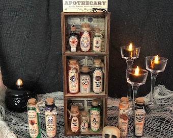 Halloween Apothecary Set of Potion Bottles, Powders, Elixirs, and Curiosities - Prop Decoration