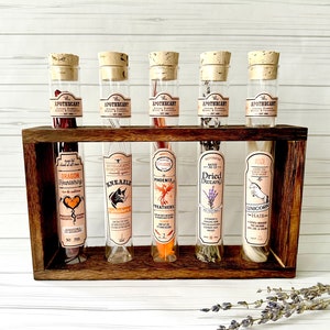 Halloween Apothecary Potion Rack, Set of 5 Test Tube Vials in Stand, Potion Ingredients and Wand Cores - Prop Decoration