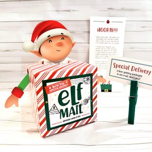 May include: A festive Christmas-themed display featuring an elf figure emerging from a red and white striped box labeled "elf MAIL." The box has a green border and the words "Handle with Care." A sign reads "Special Delivery."