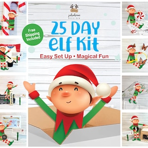May include: A 25 Day Elf Kit by Jubabean Design featuring a cartoon elf character in a red and green outfit. The kit includes various accessories like a candy cane, magic hat, train, butterflies, and activity cards for holiday displays.