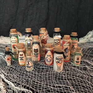 Halloween Potion Bottles - Set of 13 Filled Prop Bottles for Halloween Decoration