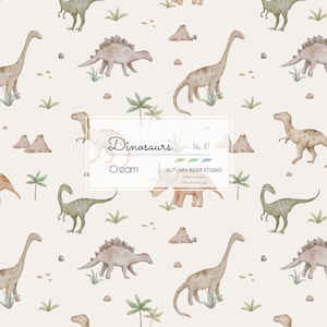 Dinosaurs Seamless Fabric Pattern, Textile Design, Dinosaur Land, Brachiosaurus, Tyr Rex, Stegosaurus, Velociraptor, Triceratops, Neutral