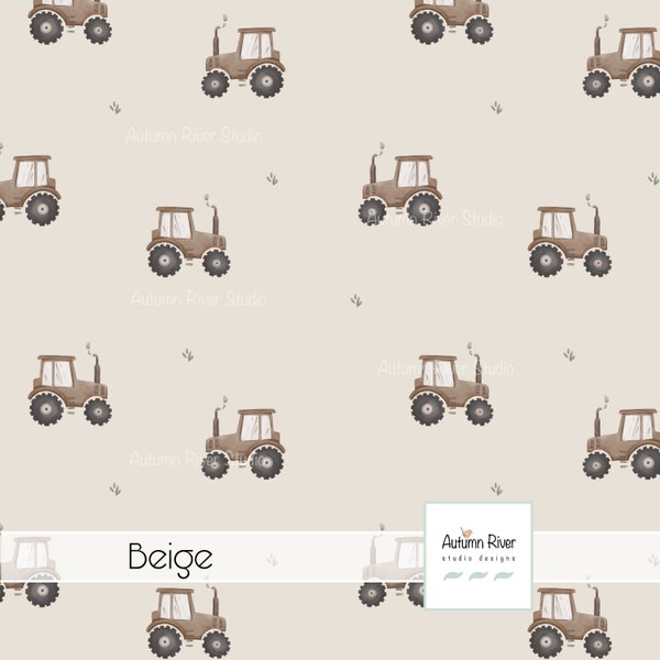 Modèle de tissu sans couture de tracteur brun, véhicule, transport, ferme, beige, bébé enfants, minimaliste, licence commerciale, design textile