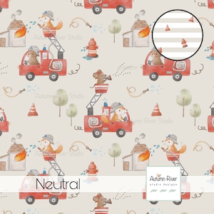 Può includere: Uno schema senza cuciture che presenta un'illustrazione ad acquerello di un camion dei pompieri, una volpe, un topo e un idrante. Lo sfondo è di colore beige chiaro con un motivo ripetuto di strisce grigie e bianche.