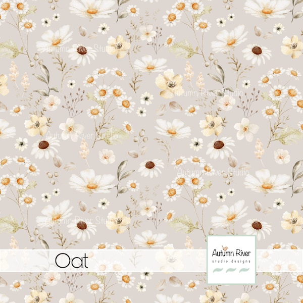 Floral Caroline Seamless Fabric Pattern, Summer, Autumn Fall, Meadow Flowers, Cosmos, Daisy, Oat, Pastel Colors, Commerial License, Dreamy