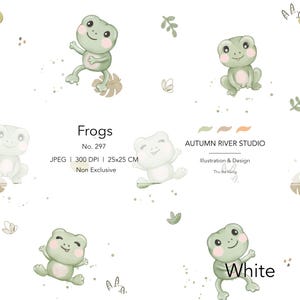 Pode incluir: Um padrão repetitivo de sapos de desenho animado em várias poses sobre um fundo branco. Os sapos são verde claro com bochechas rosadas. A imagem inclui o texto "Frogs", "No. 297" e "AUTUMN RIVER STUDIO". As dimensões da imagem são 25x25 cm.