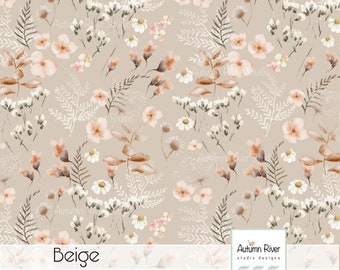 Floral Beige Fabric Pattern, Autumn Meadow Print (JPEG)