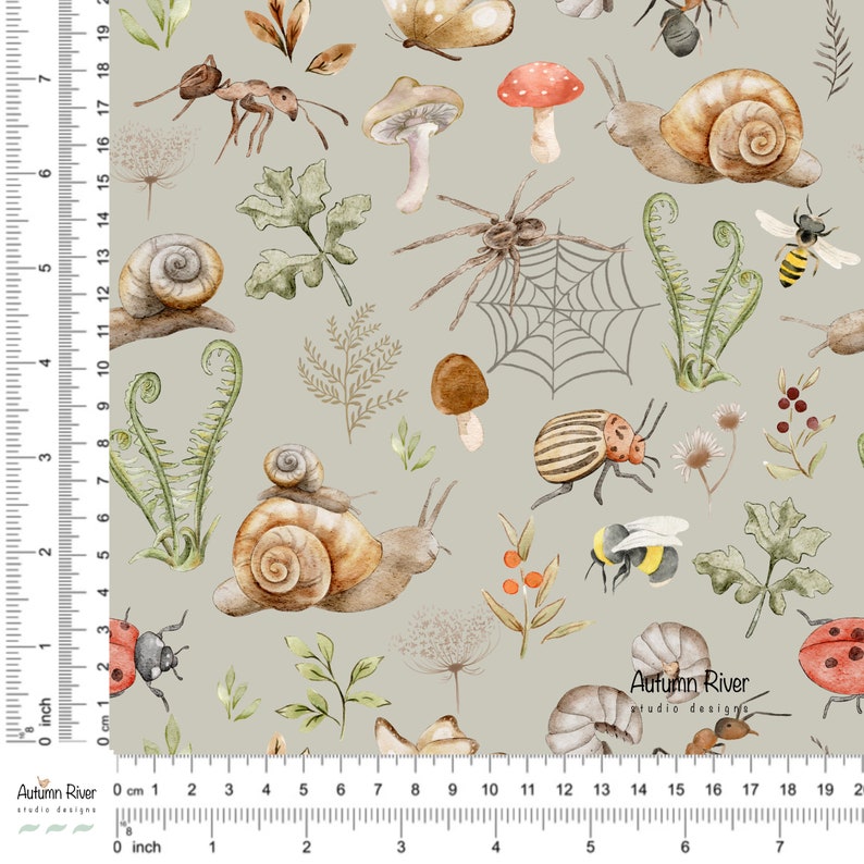 May include: A seamless pattern featuring a variety of woodland creatures and plants on a light green background. The pattern includes snails, spiders, ladybugs, mushrooms, bees, and ferns. The pattern is perfect for fabric, wallpaper, or other creative projects.