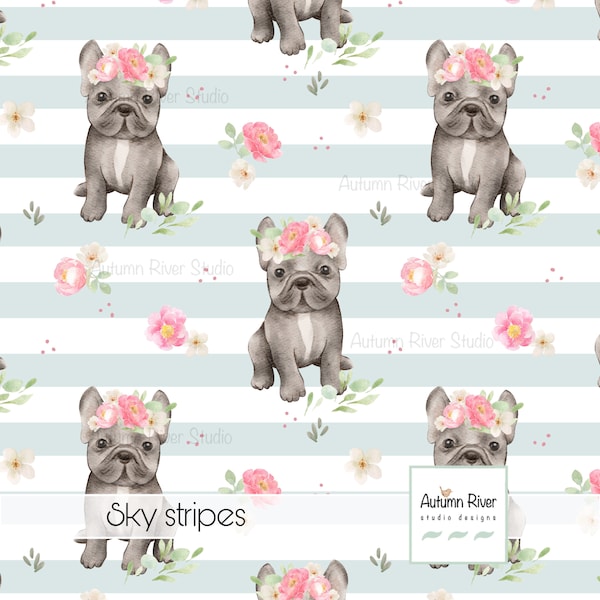 Girl French Bulldog Seamles Pattern, Fabric Design, Textile Print, Dogs, Florals, Roses, Blue Stripes, Black Dog, Commercial License, Pet