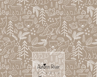 Bear & Fox Seamless Pattern, Taupe Forest Animals Print (Digital Download)