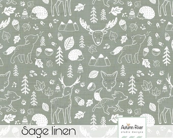 Woodland Animals Seamless Pattern, Sage Green Linen, Commercial License (JPEG)