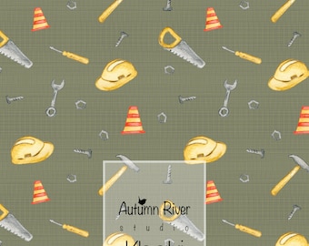 Construction Tools Seamless Pattern, Khaki Green Fabric (Digital Download)