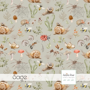 May include: A seamless pattern featuring a variety of woodland creatures and plants, including snails, ladybugs, bees, mushrooms, spiders, and ferns. The background is a light sage green.