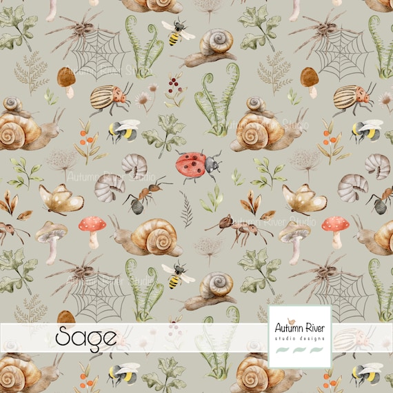 Snails Bugs Beetles Seamless Pattern, Fabric Design, Textile Print, Sage, Green, Spiders, Ladybugs, Meadow, Commercial License, Field, Kids