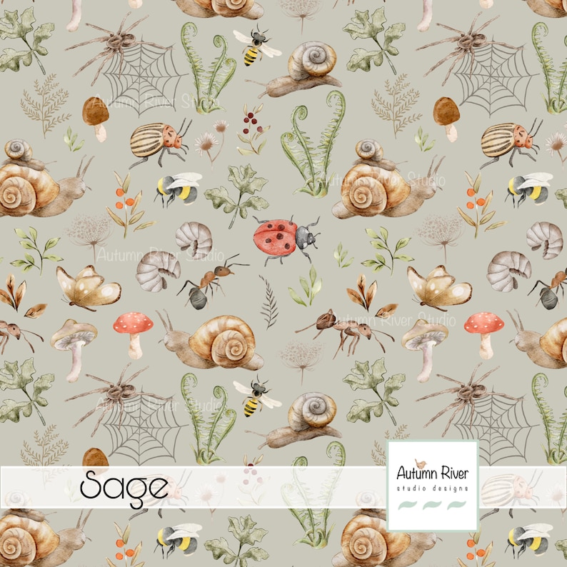 May include: A seamless pattern featuring a variety of woodland creatures and plants, including snails, ladybugs, bees, mushrooms, spiders, and ferns. The background is a light sage green.